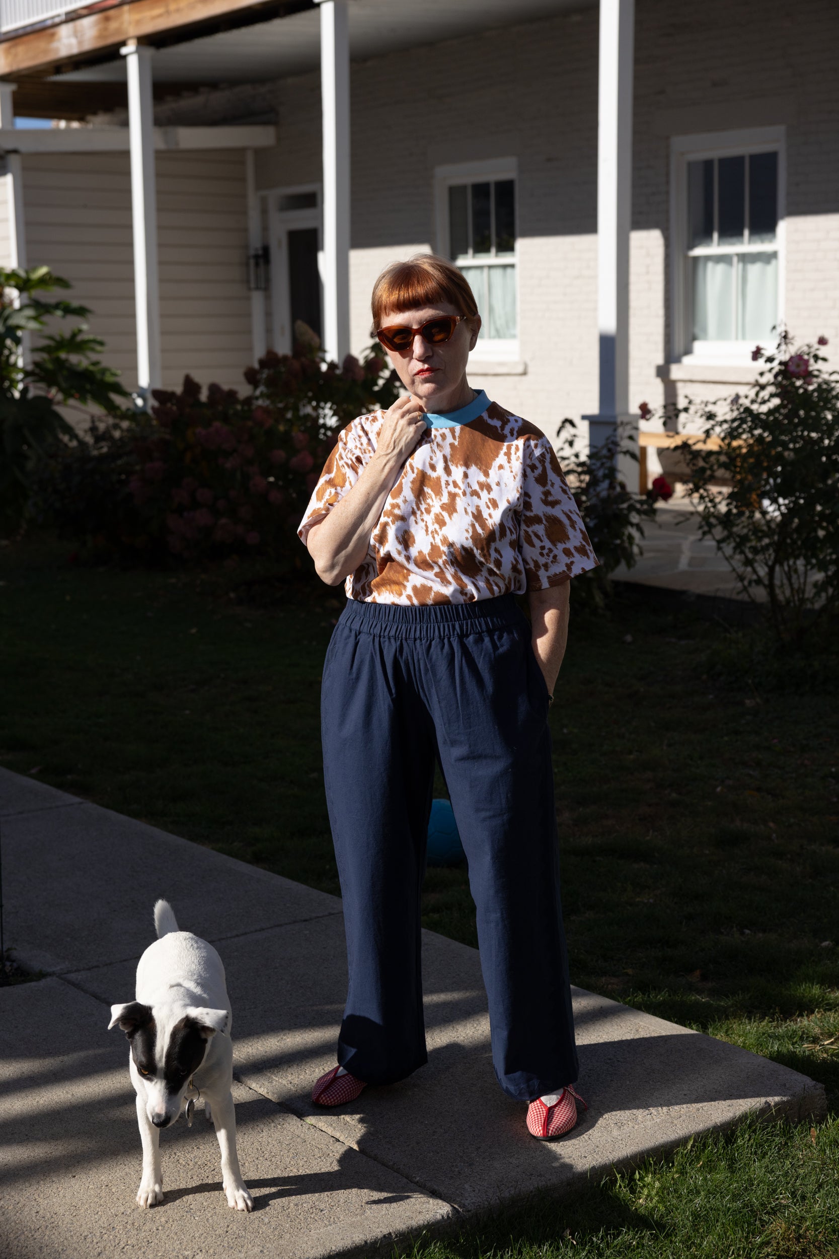Salma Short Sleeve T - Cow Print with Blue Rib