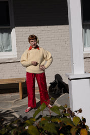 Patch Elastic Waist Pant - Cherry