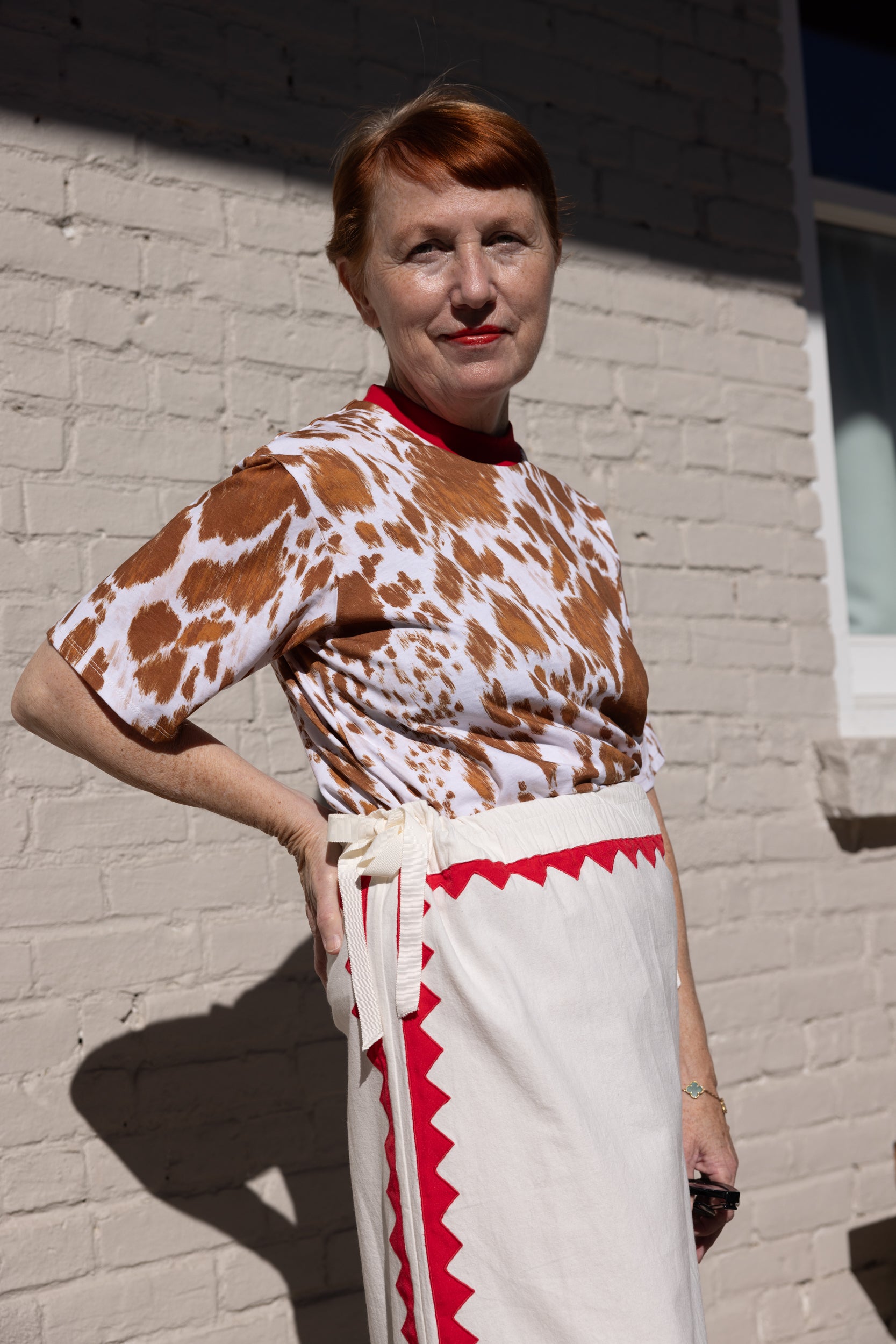 Salma Short Sleeve T - Cow Print with Red Rib