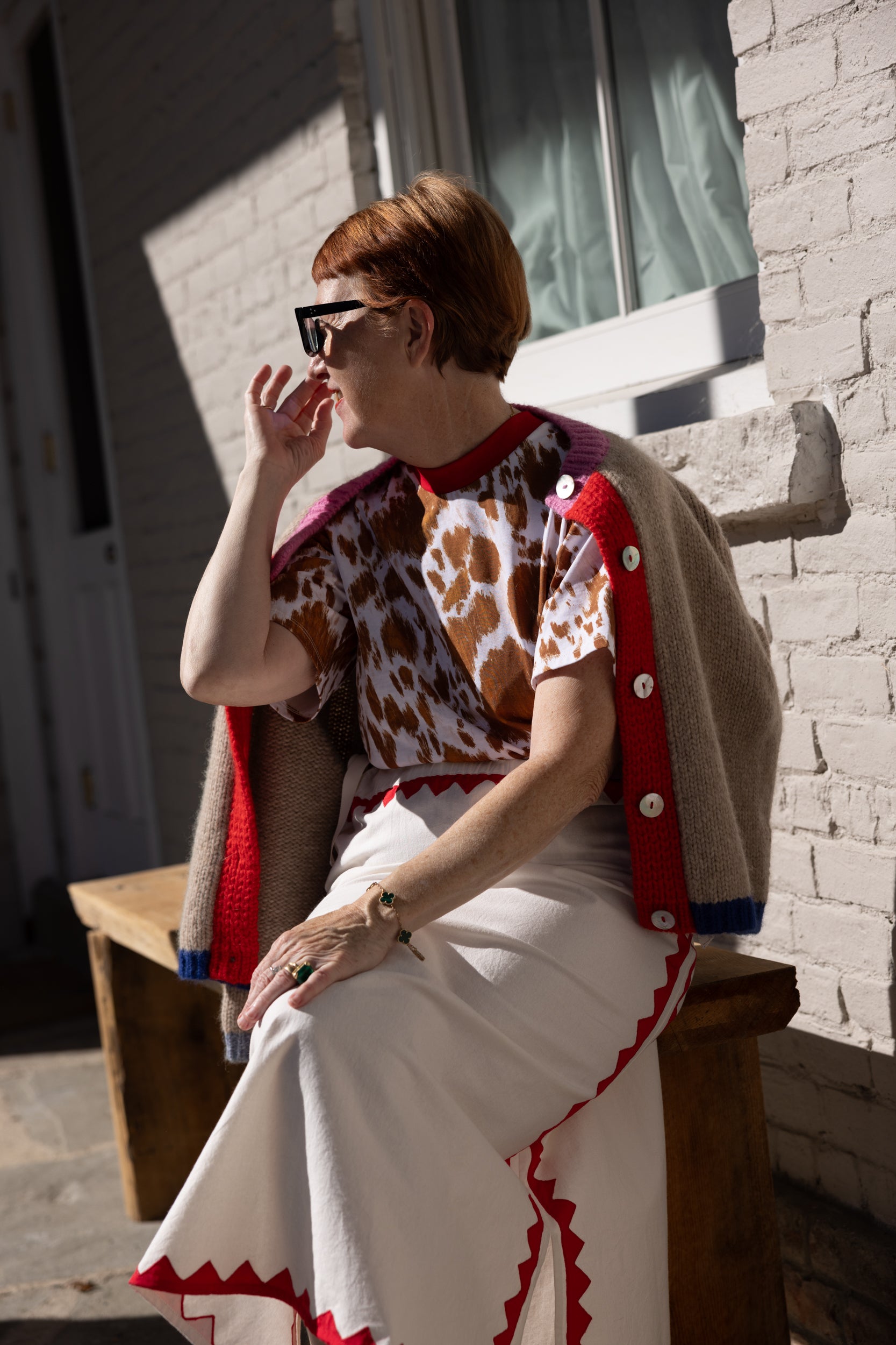 Salma Short Sleeve T - Cow Print with Red Rib