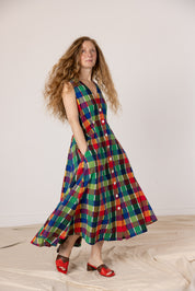 Sleeveless Baroness  Dress - Rainbow Grid Cotton
