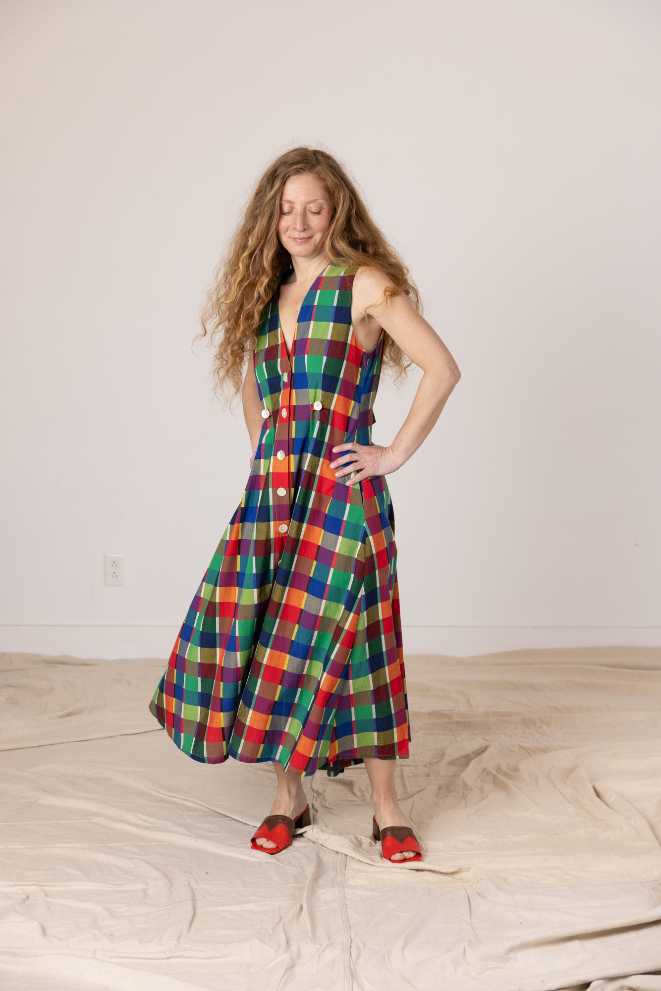 Sleeveless Baroness  Dress - Rainbow Grid Cotton