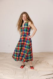Sleeveless Baroness  Dress - Rainbow Grid Cotton