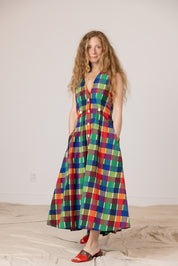Sleeveless Baroness  Dress - Rainbow Grid Cotton