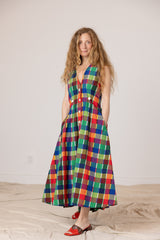 Sleeveless Baroness  Dress - Rainbow Grid Cotton