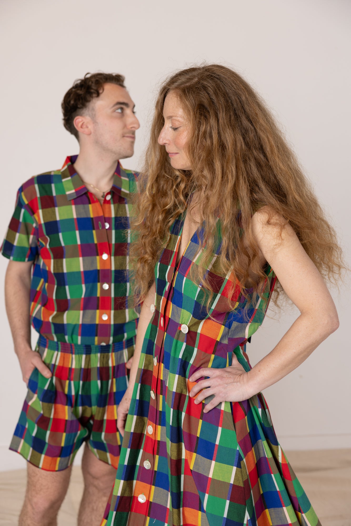 Sleeveless Baroness  Dress - Rainbow Grid Cotton