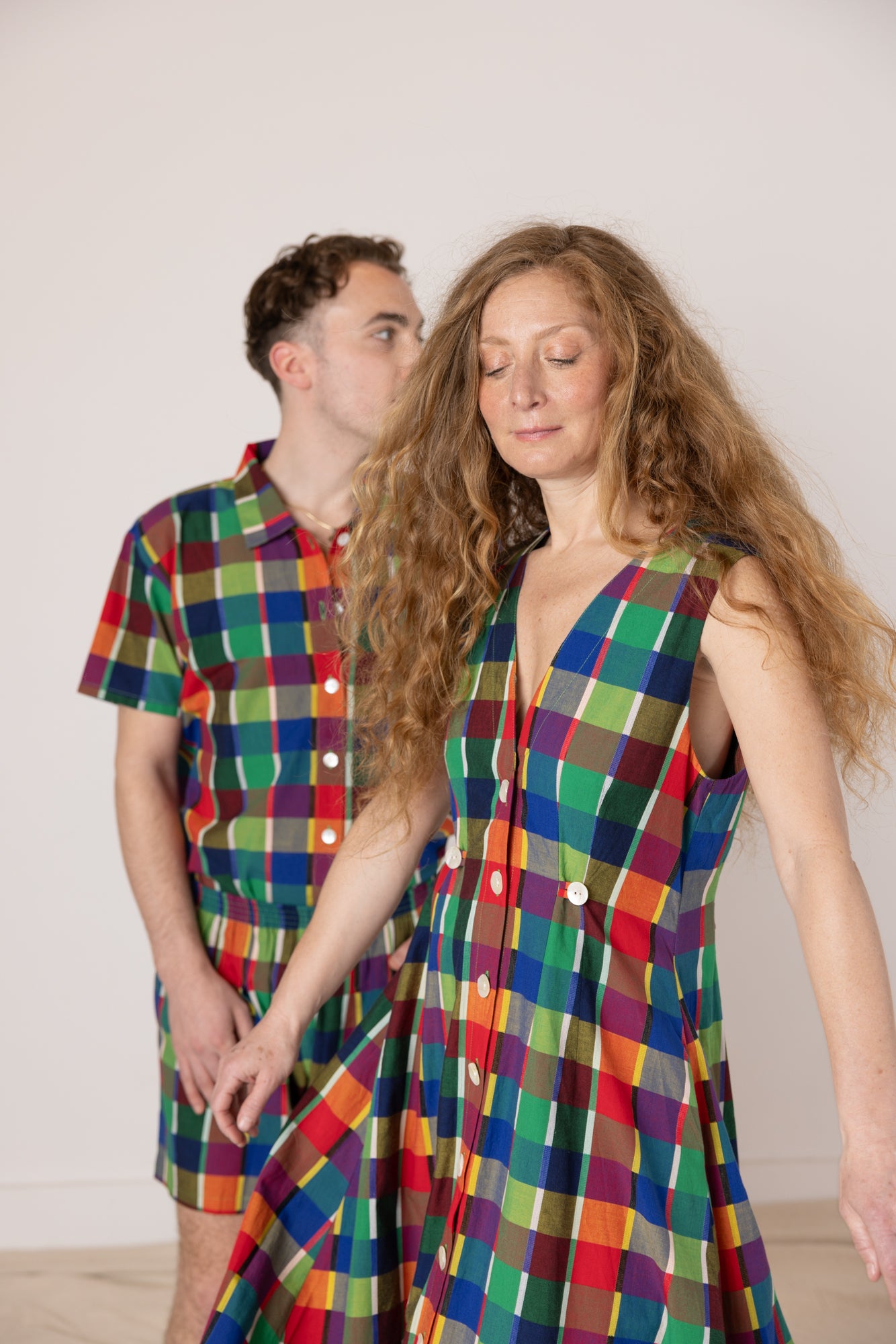 Sleeveless Baroness  Dress - Rainbow Grid Cotton
