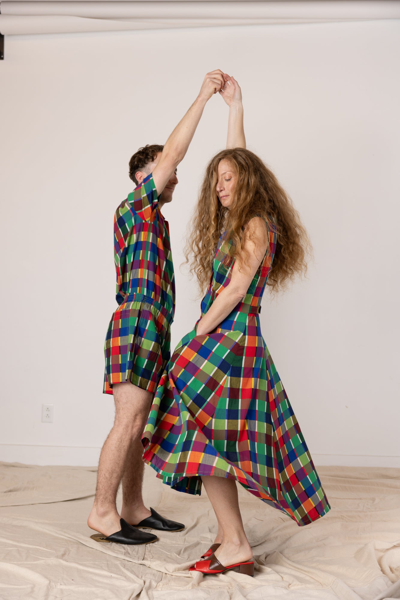 Sleeveless Baroness  Dress - Rainbow Grid Cotton