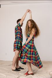 Sleeveless Baroness  Dress - Rainbow Grid Cotton