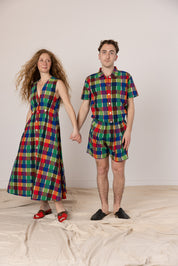 Sleeveless Baroness  Dress - Rainbow Grid Cotton
