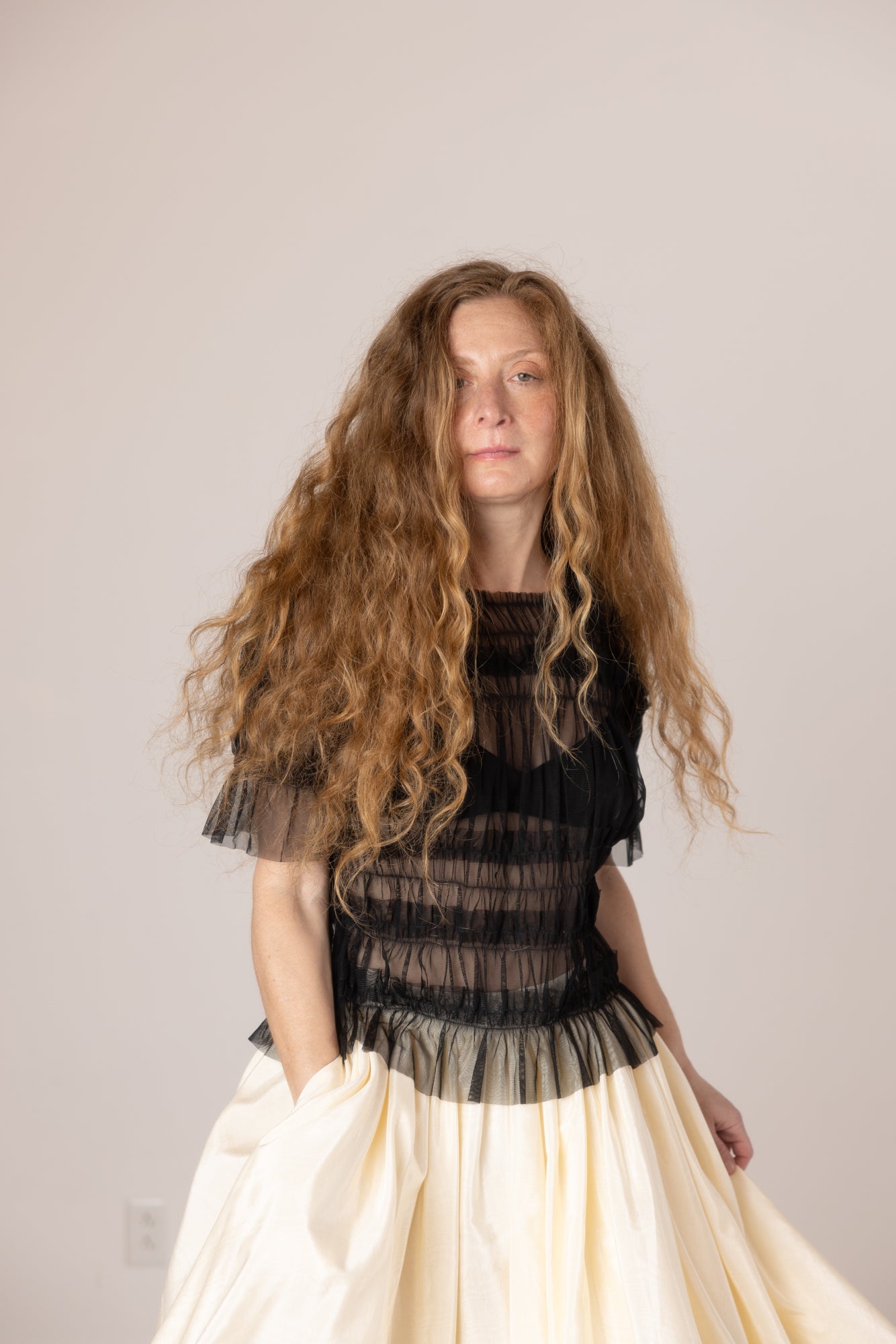 Olia Mesh Gather Top - Black