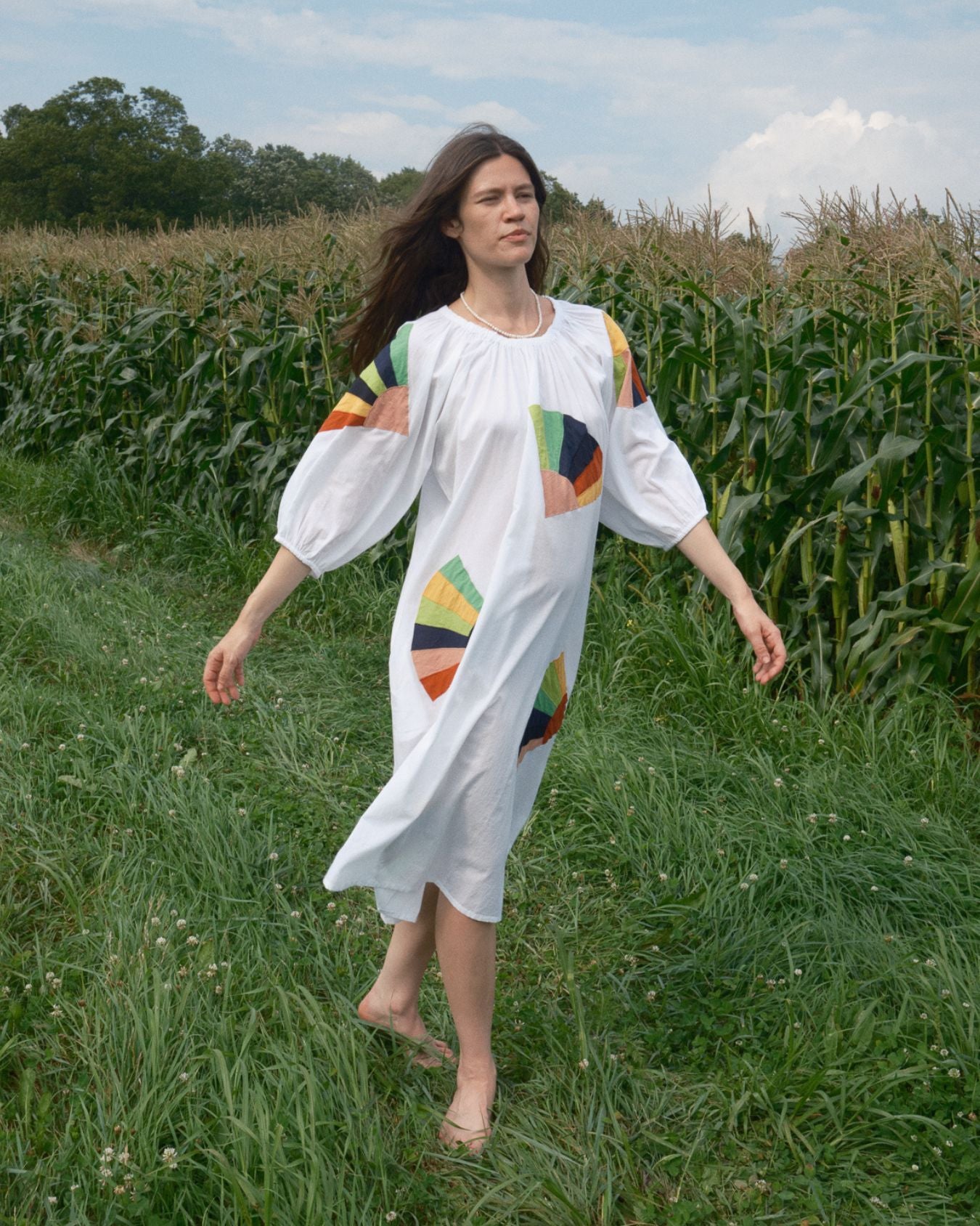 Ballad Dress - White Fan Patch Cotton, view 4