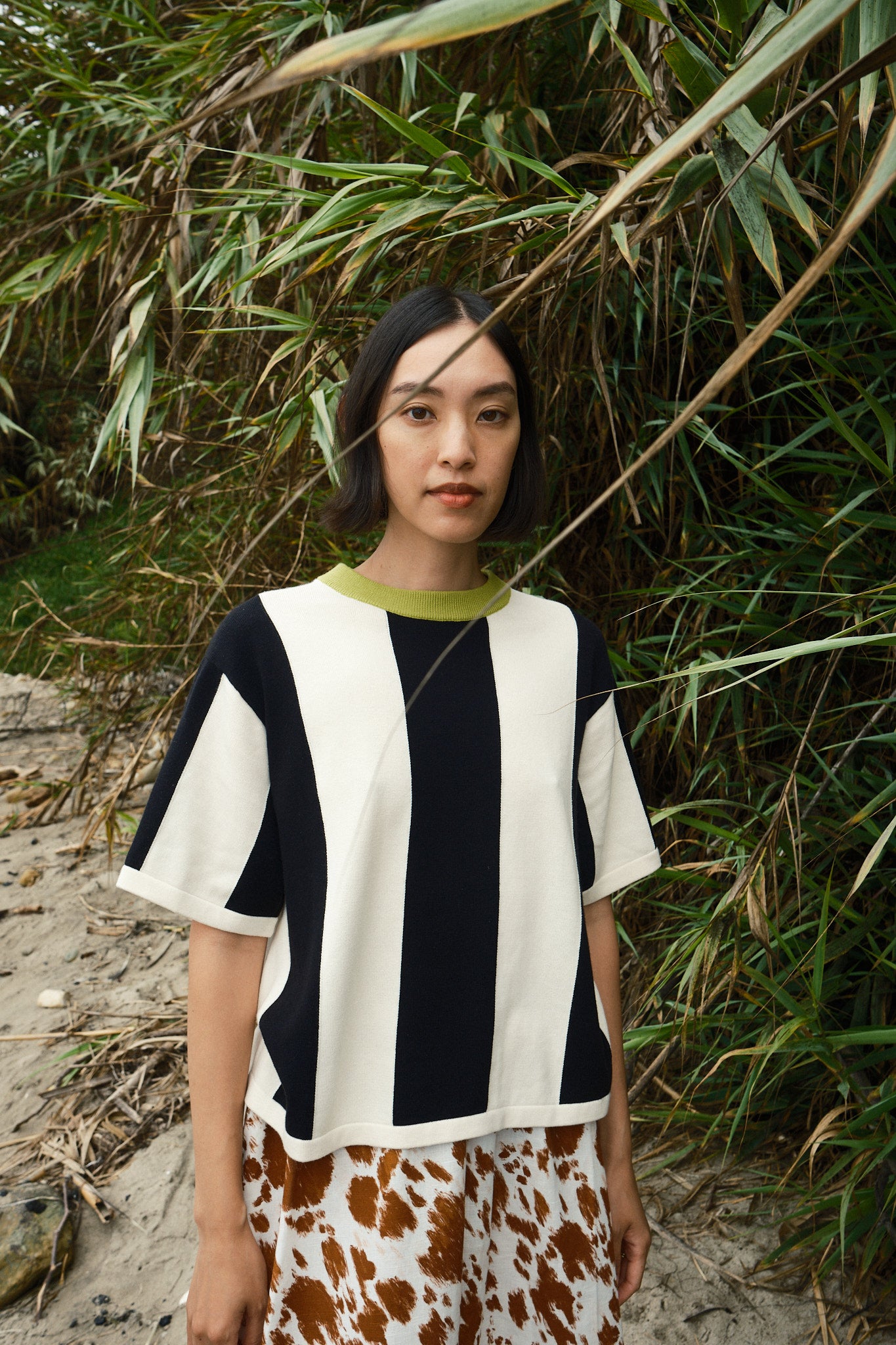 Sawyer Vertical Stripe Sweater Tee - Ivory/Black