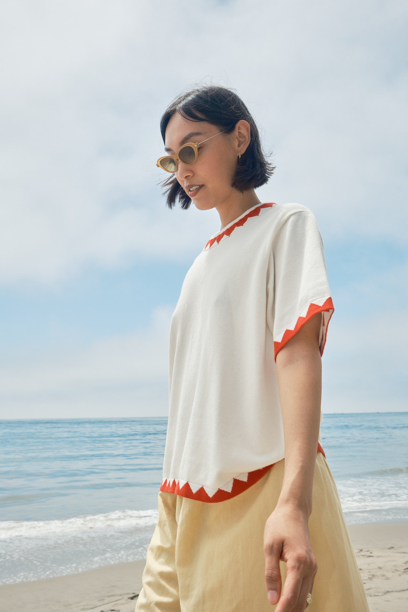 Sawyer Zig Zag Sweater Tee - Ivory/Poppy