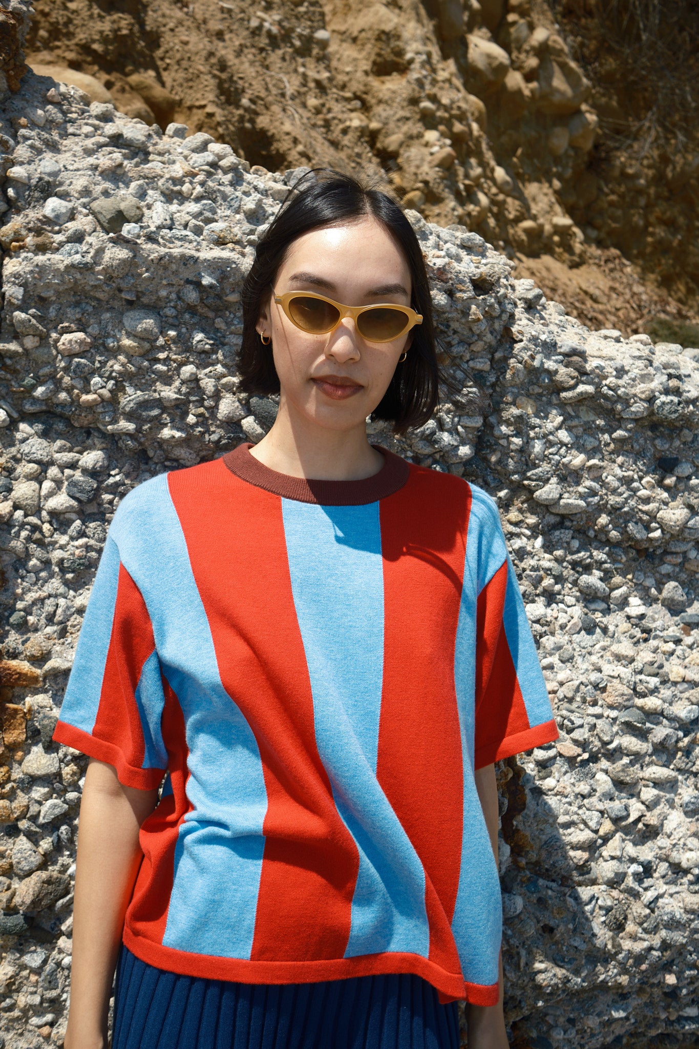 Sawyer Vertical Stripe Sweater Tee - Cherry/Powder