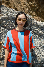 Sawyer Vertical Stripe Sweater Tee - Cherry/Powder
