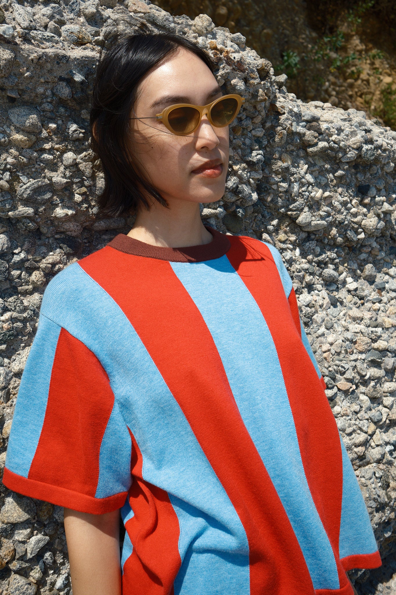 Sawyer Vertical Stripe Sweater Tee - Cherry/Powder