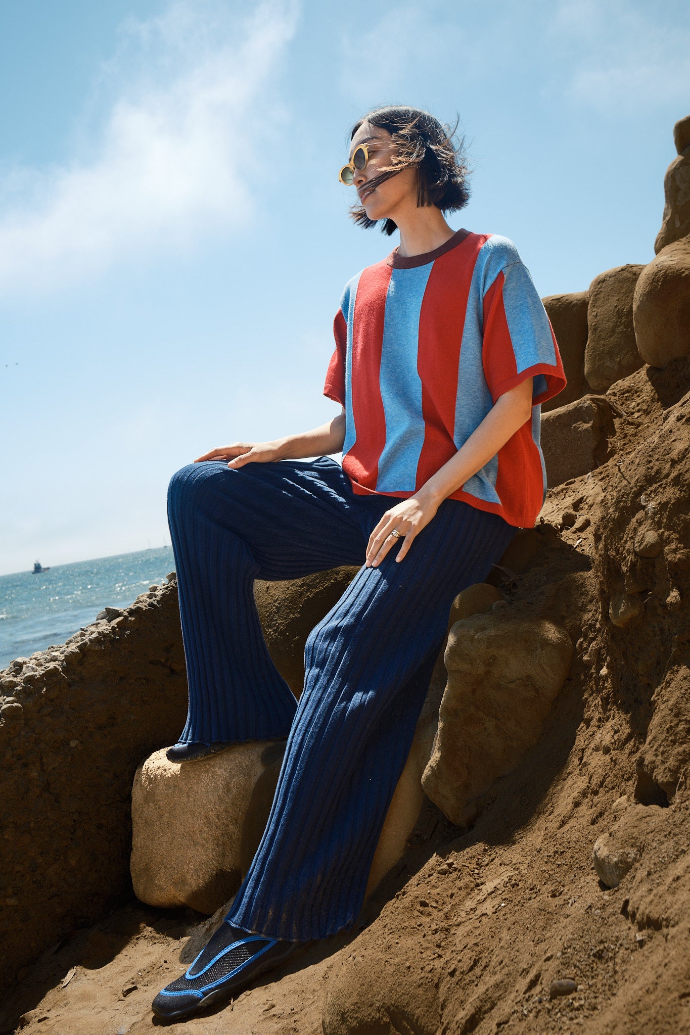 Sawyer Vertical Stripe Sweater Tee - Cherry/Powder