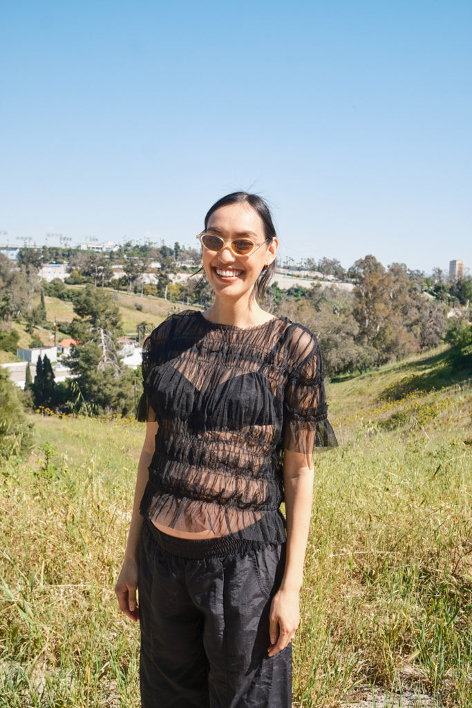 Olia Mesh Gather Top - Black