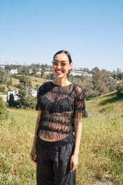 Olia Mesh Gather Top - Black