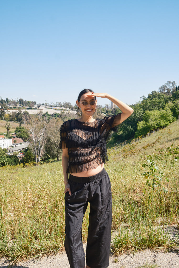Olia Mesh Gather Top - Black