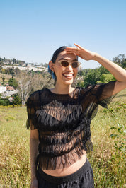 Olia Mesh Gather Top - Black