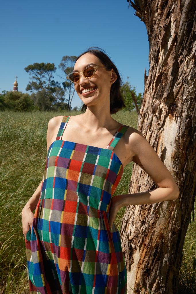 Menina Dress Cotton - Rainbow Grid