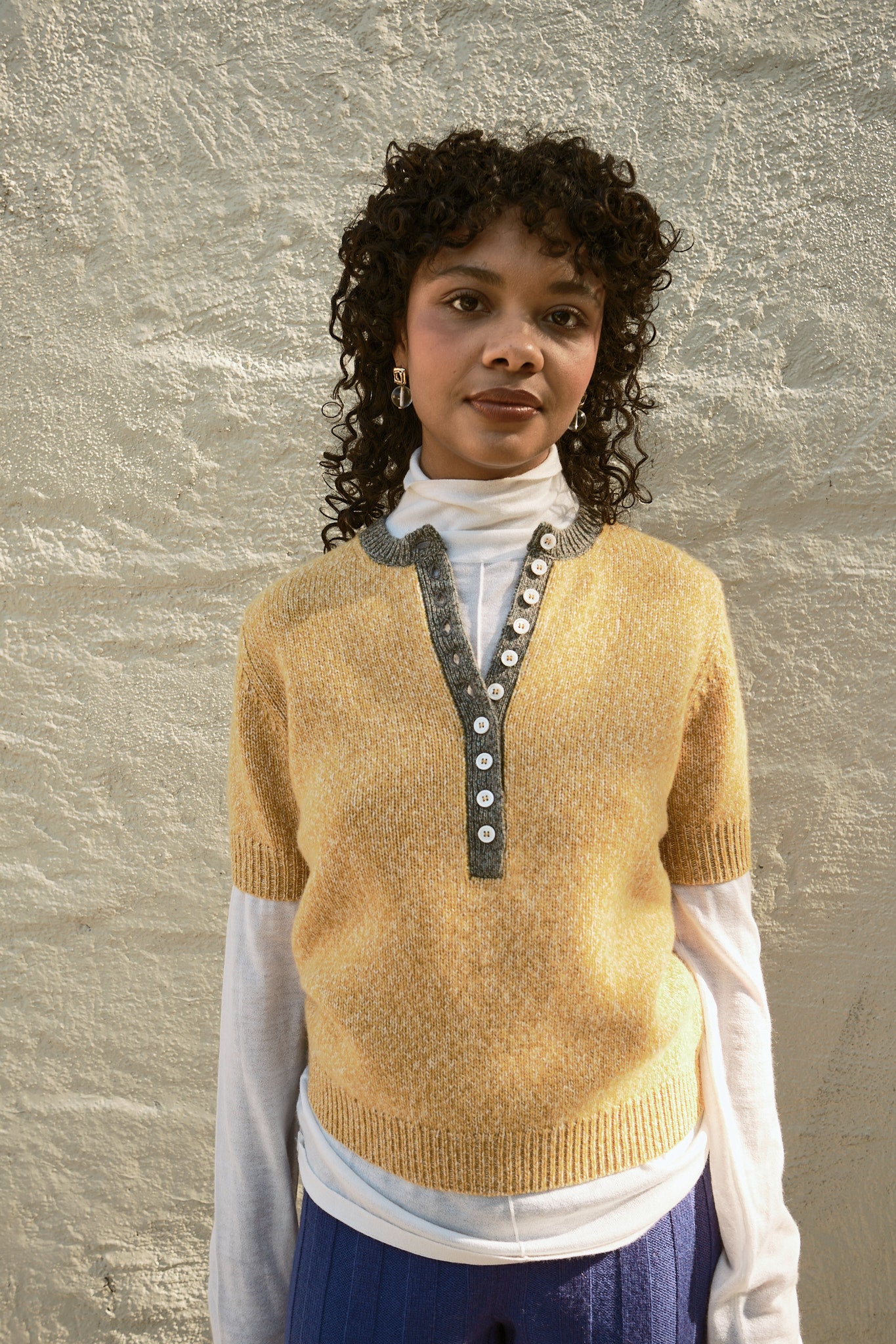 Cecilia Marl Cashmere Henley- Mustard/Dove