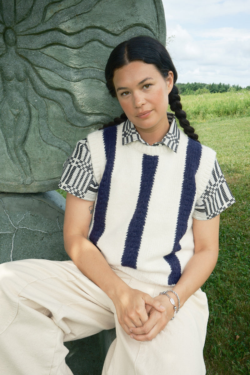 Sabine Striped Sweater Vest - Ivory/Navy