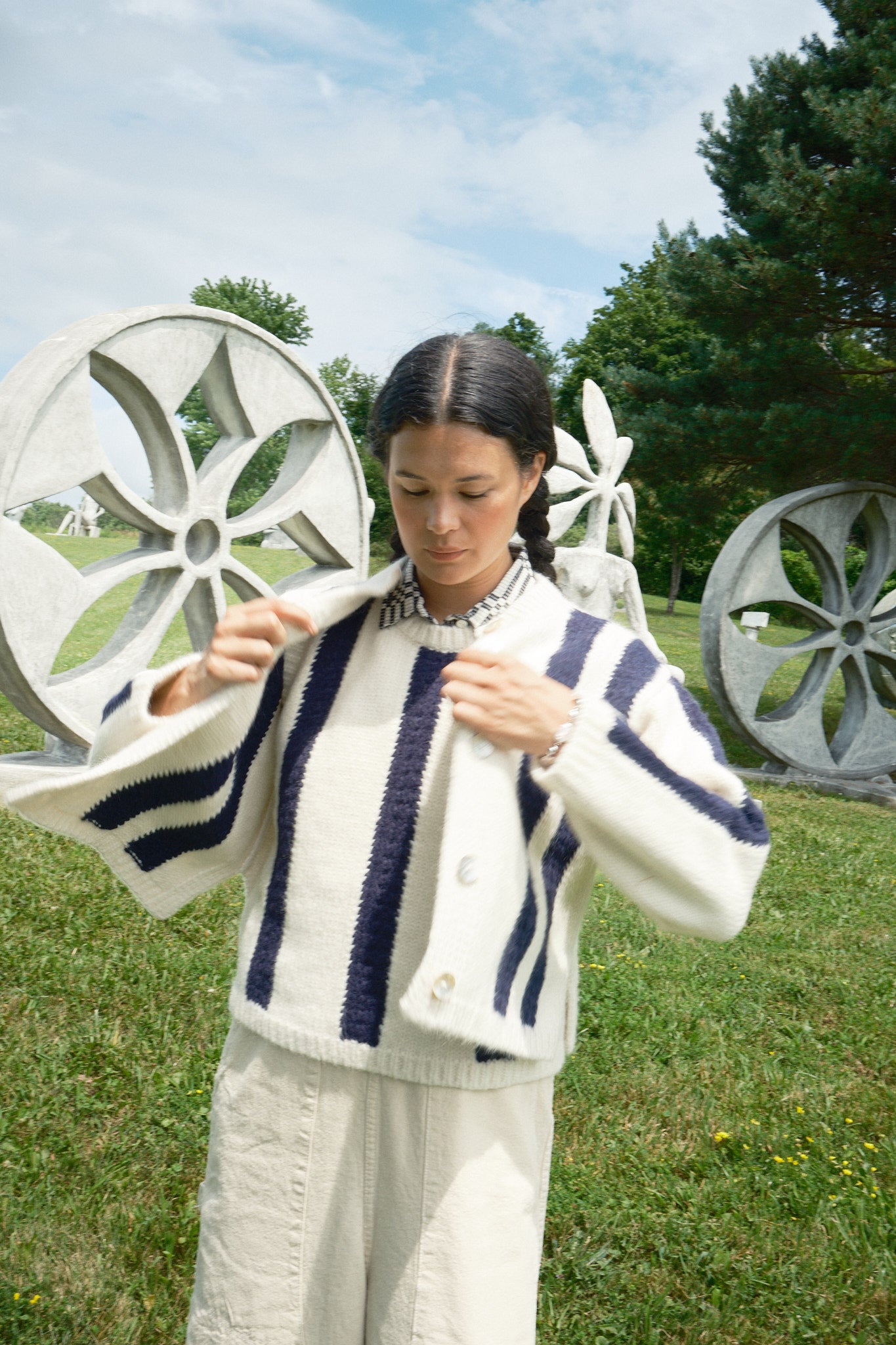 Sheba Striped Cardigan - Ivory/Navy