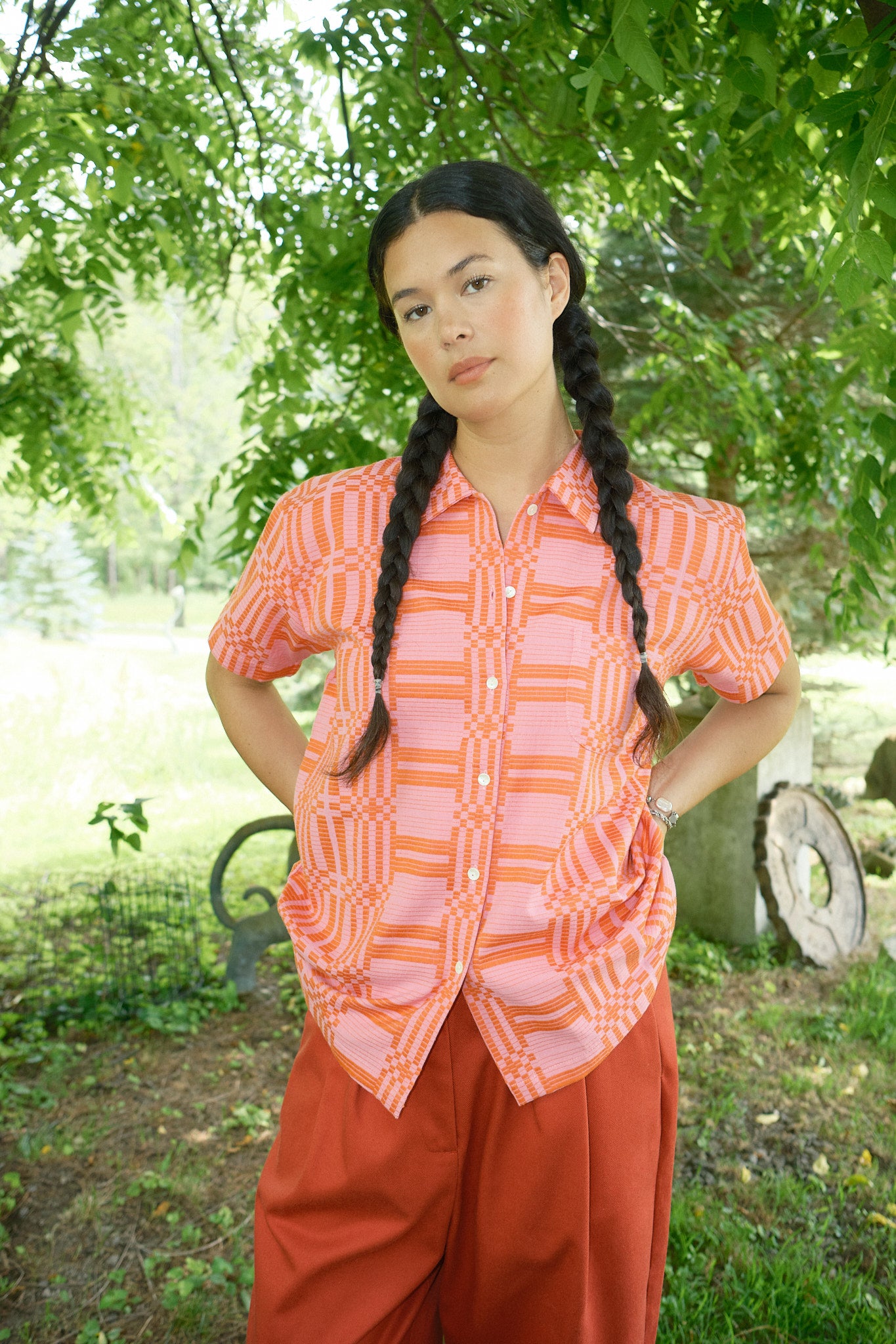Nikki Chasin x The House That Lars Built Dylan Shirt in Red/Pink Astrid Weave