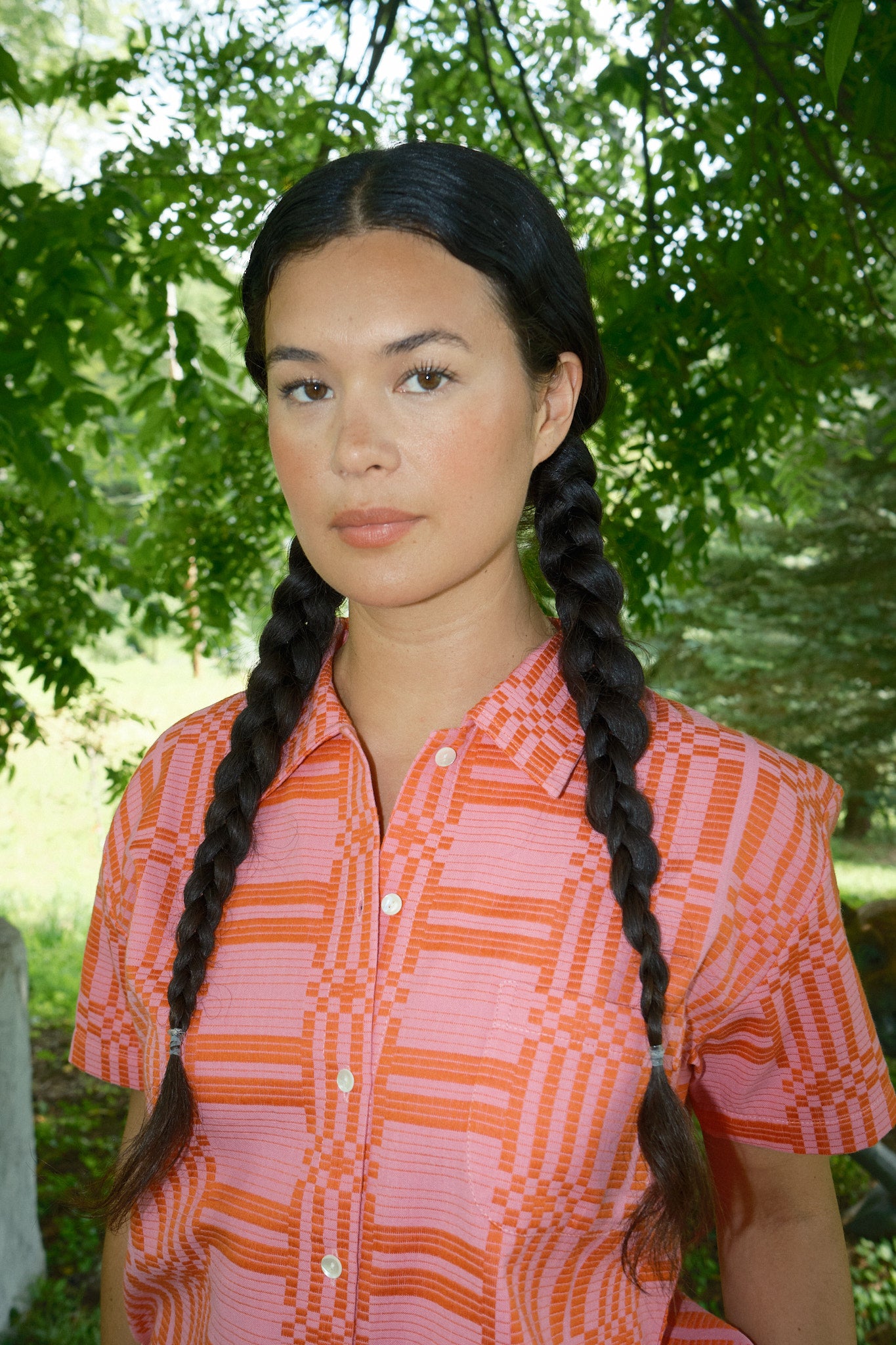 Nikki Chasin x The House That Lars Built Dylan Shirt in Red/Pink Astrid Weave