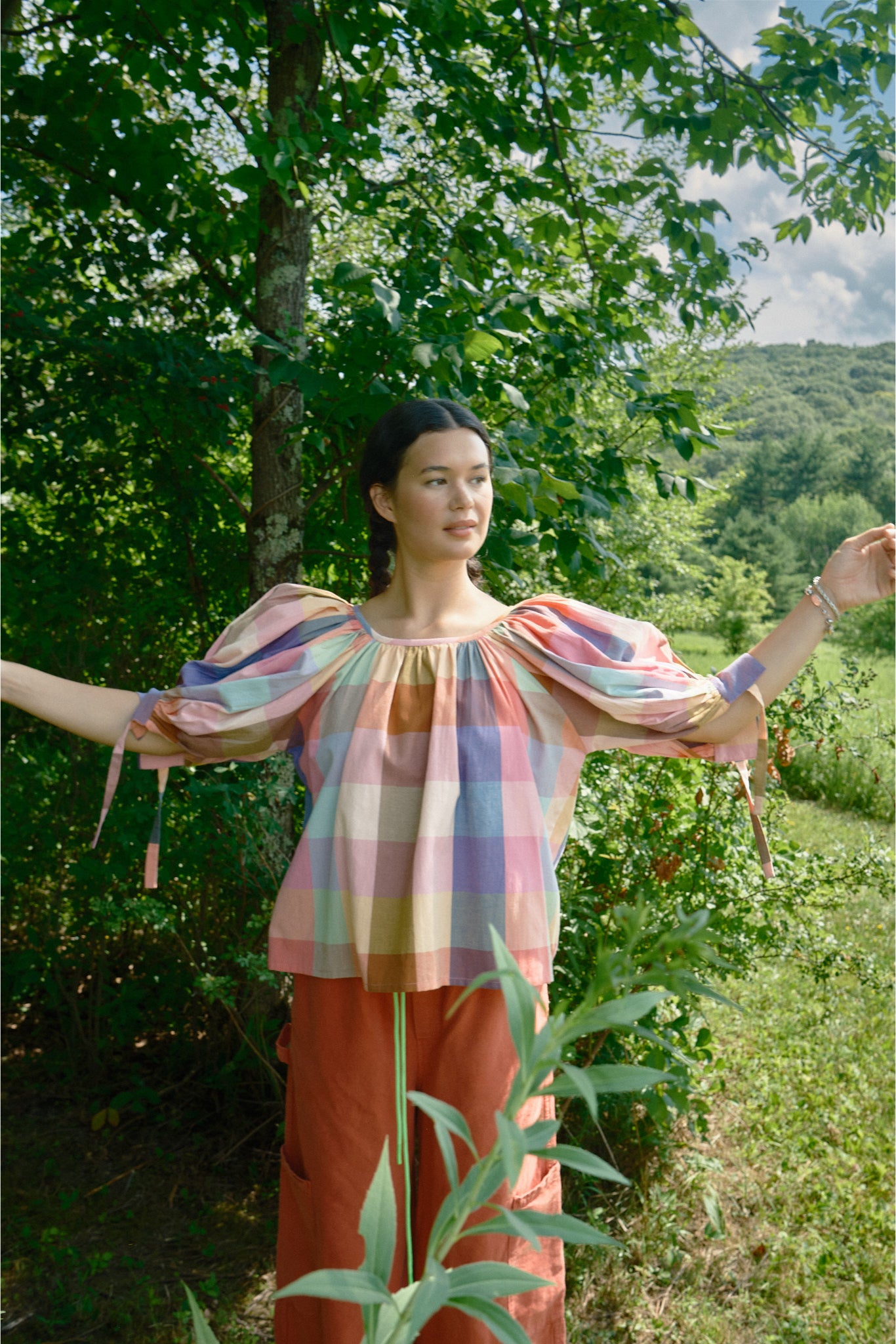 Nikki Chasin x The House That Lars Built Juli Puff Sleeve Top in Midsommar Plaid