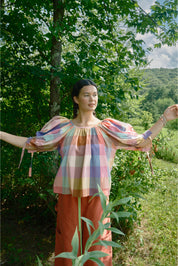 Nikki Chasin x The House That Lars Built Juli Puff Sleeve Top in Midsommar Plaid