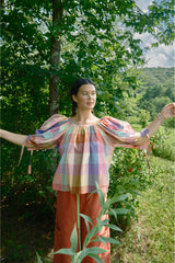 Nikki Chasin x The House That Lars Built Juli Puff Sleeve Top in Midsommar Plaid