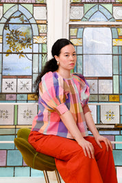 Nikki Chasin x The House That Lars Built Juli Puff Sleeve Top in Midsommar Plaid