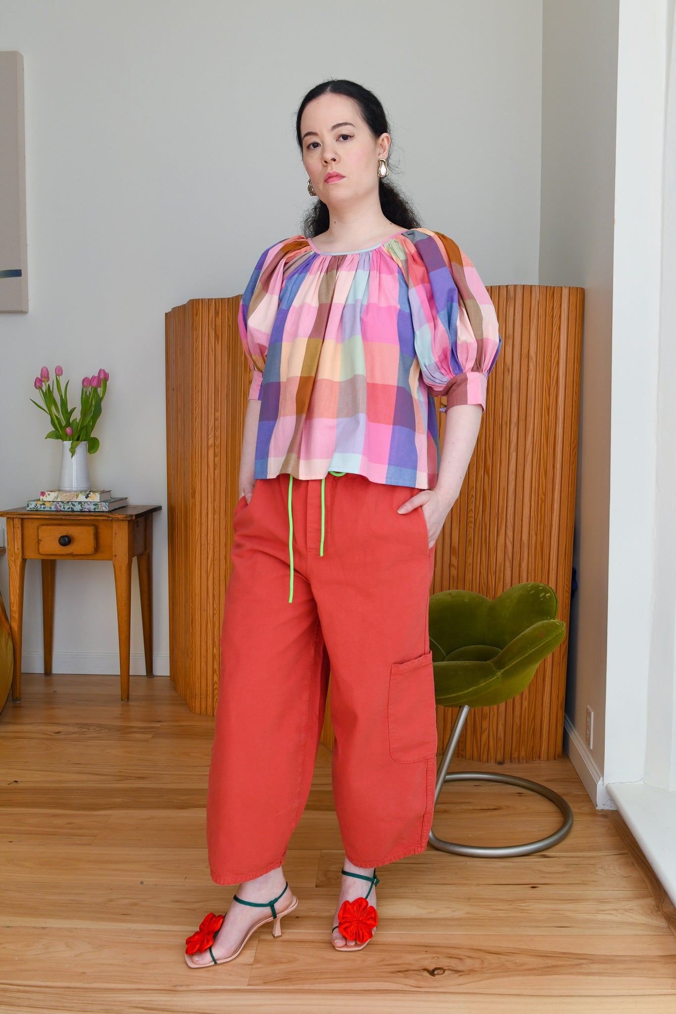 Nikki Chasin x The House That Lars Built Juli Puff Sleeve Top in Midsommar Plaid