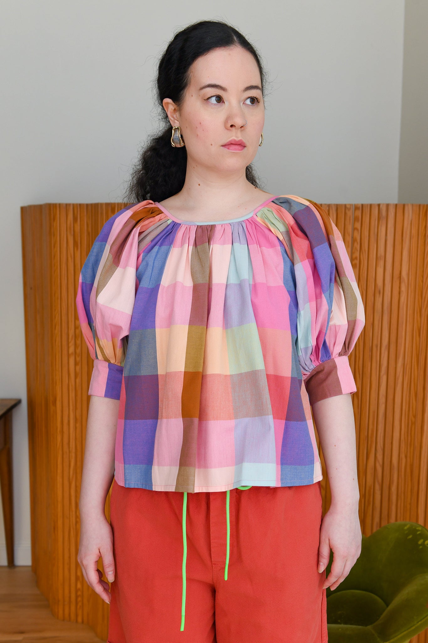 Nikki Chasin x The House That Lars Built Juli Puff Sleeve Top in Midsommar Plaid