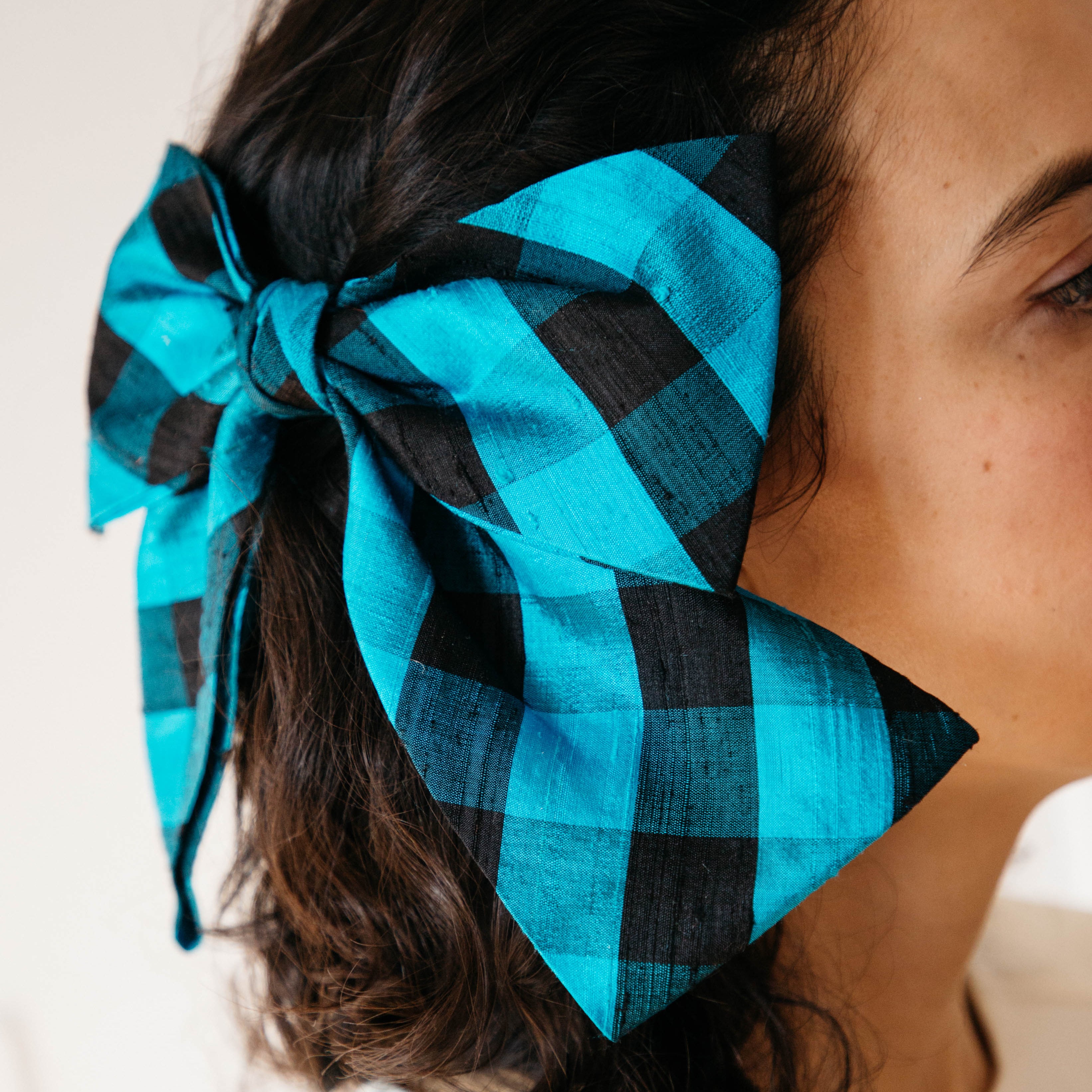 Kitka Hair Bow - Blue and Black Gingham