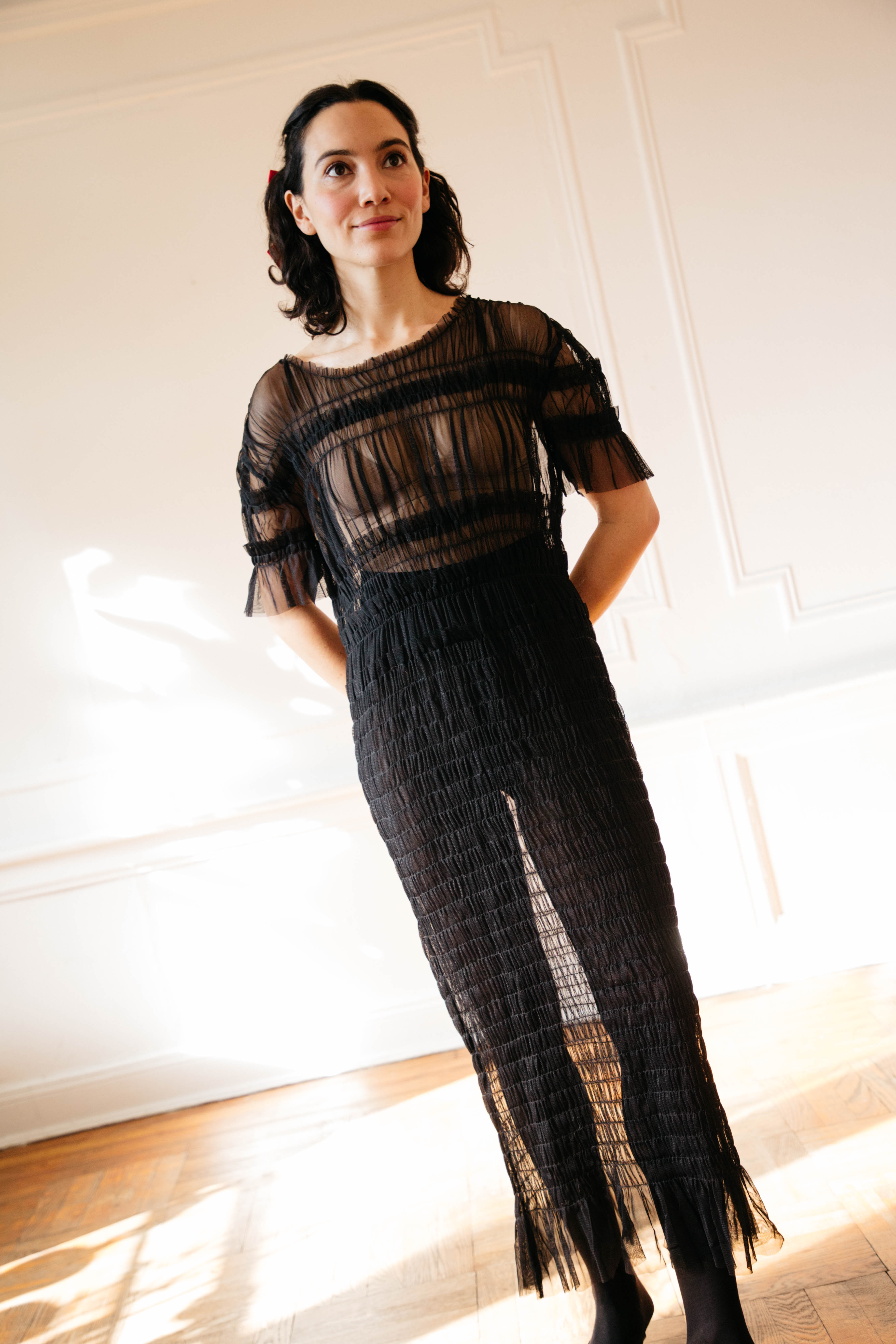 Selka Mesh Gather Dress - Black