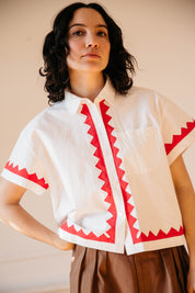 Zigzag Corso Buttondown Cotton - Ivory/Poppy
