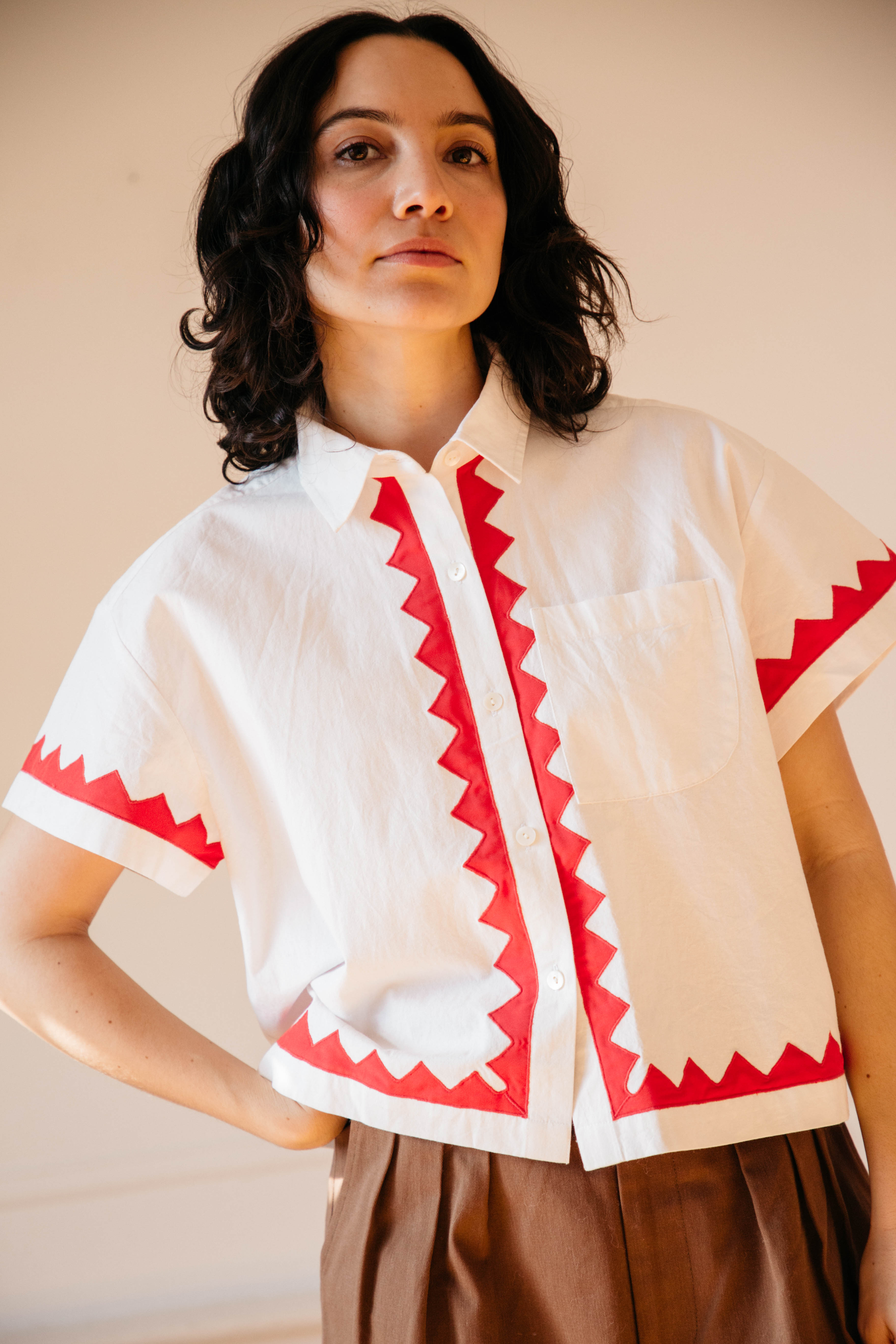 Zigzag Corso Buttondown Cotton - Ivory/Poppy