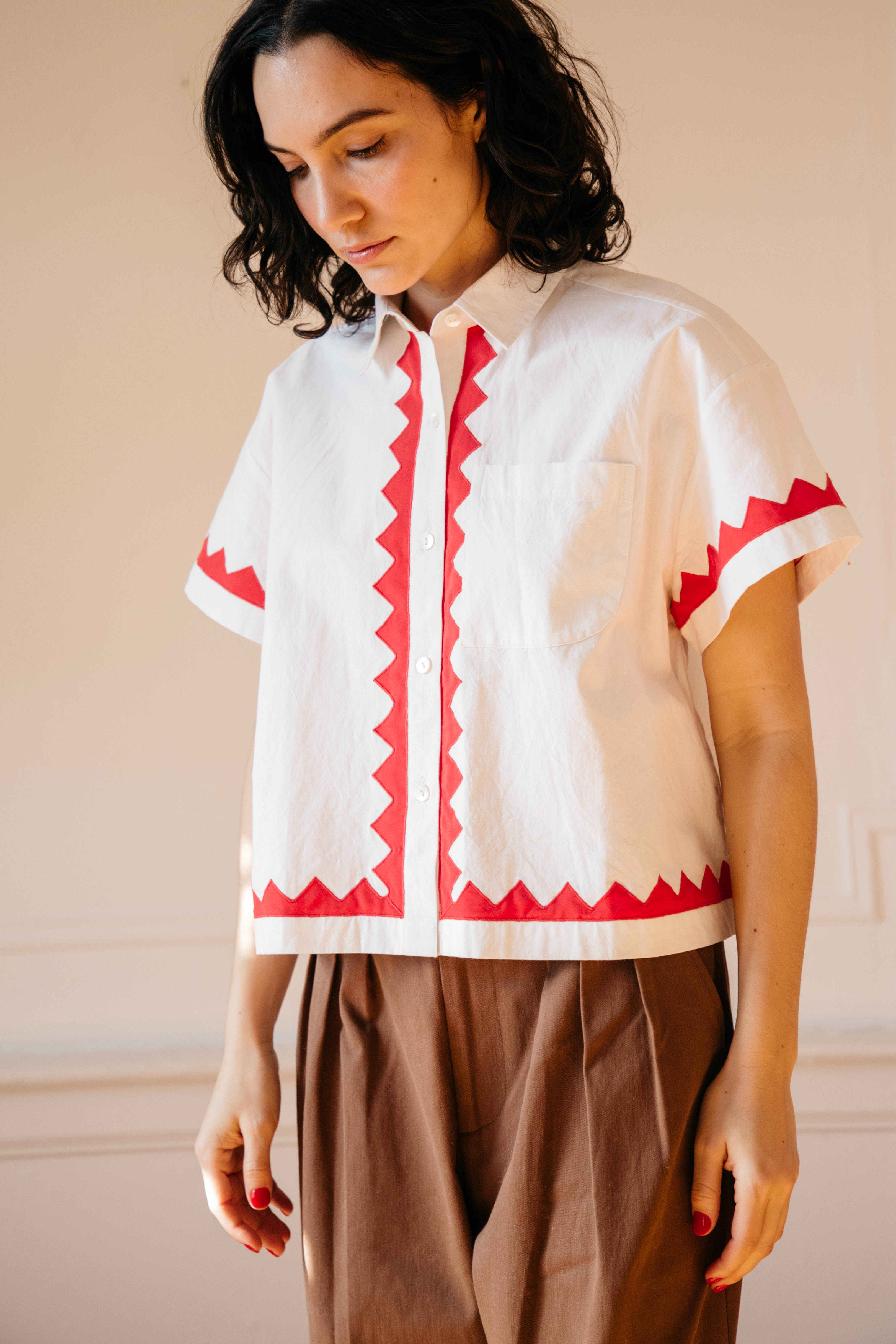 Zigzag Corso Buttondown Cotton - Ivory/Poppy