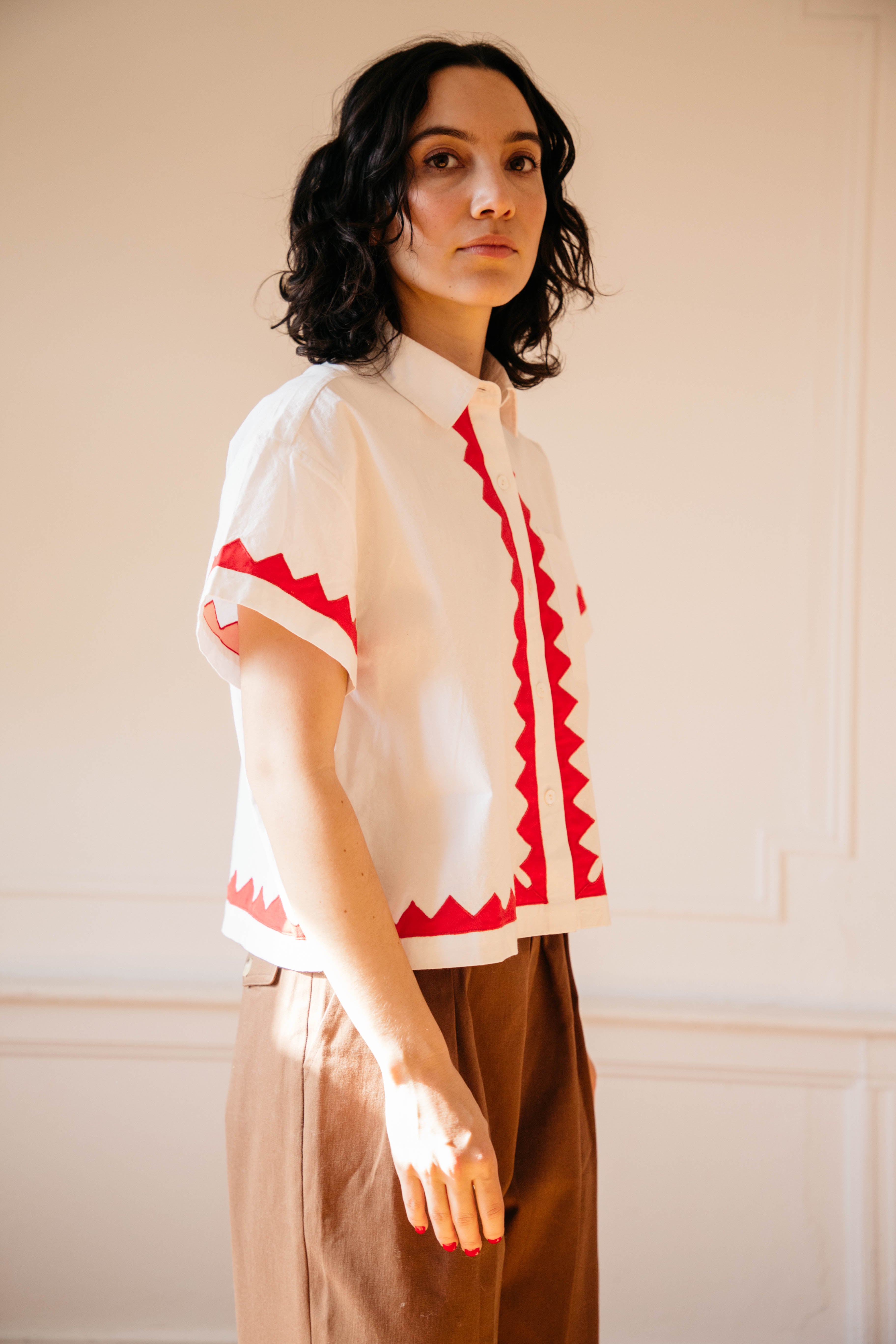 Zigzag Corso Buttondown Cotton - Ivory/Poppy