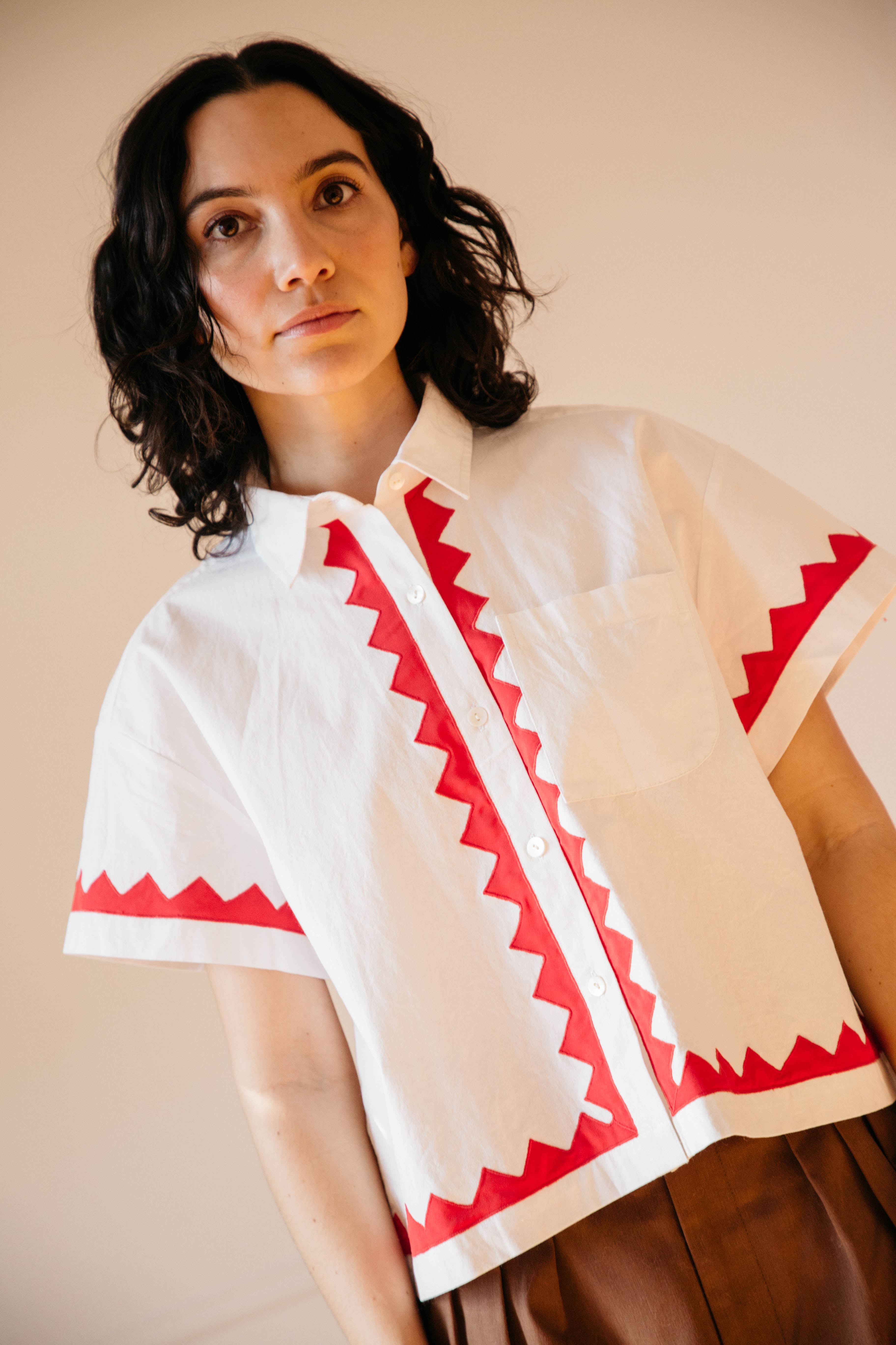 Zigzag Corso Buttondown Cotton - Ivory/Poppy