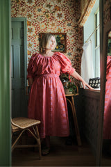 Nikki Chasin x The House That Lars Built Juli Puff Sleeve Top in Red/Pink Astrid Weave