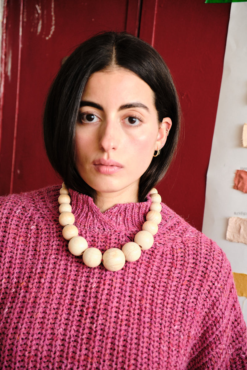 Wooden Bobble Necklace - Natural/Pink
