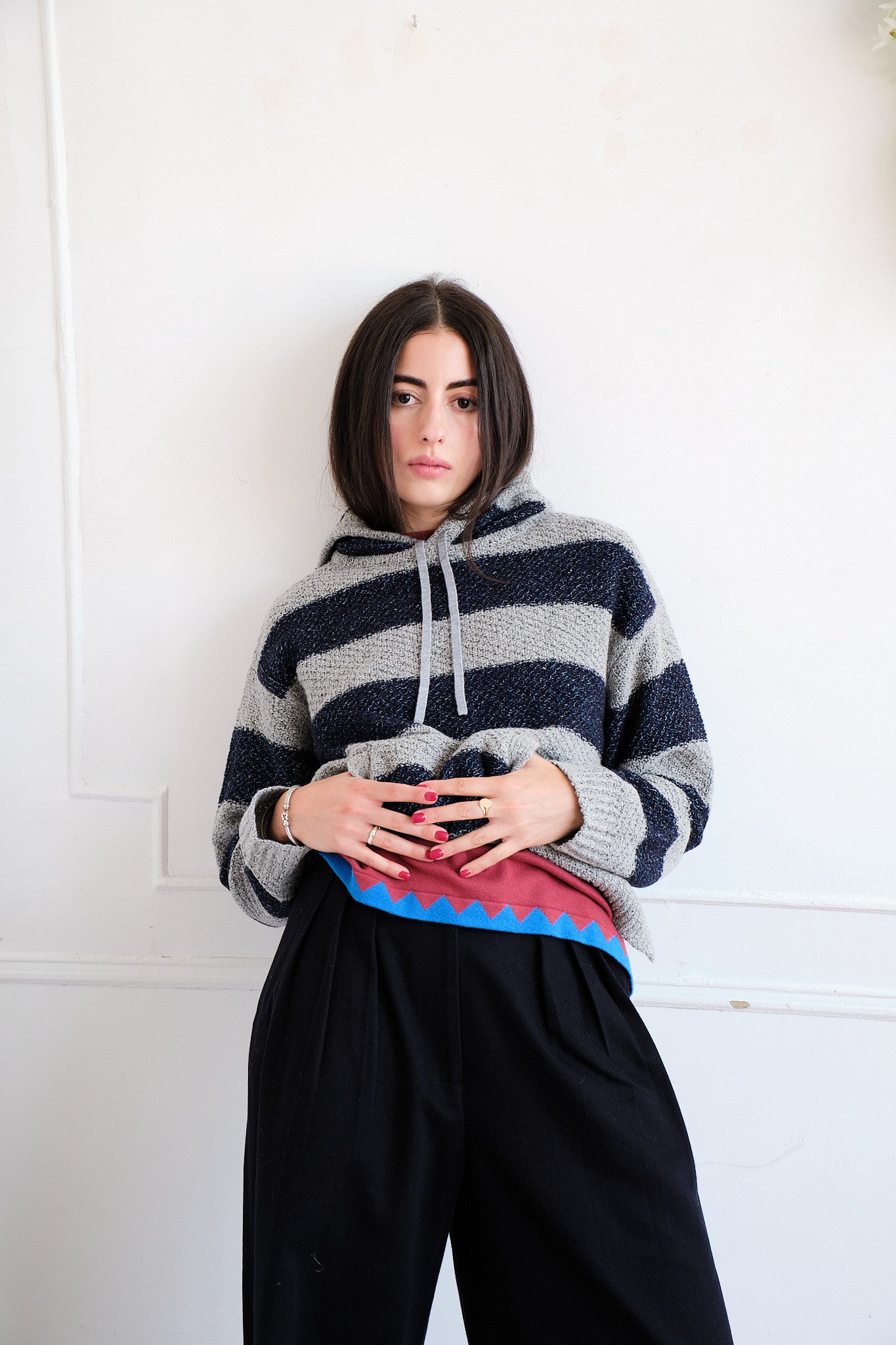 Sal Striped Hoodie Textured Merino - Navy/Dove