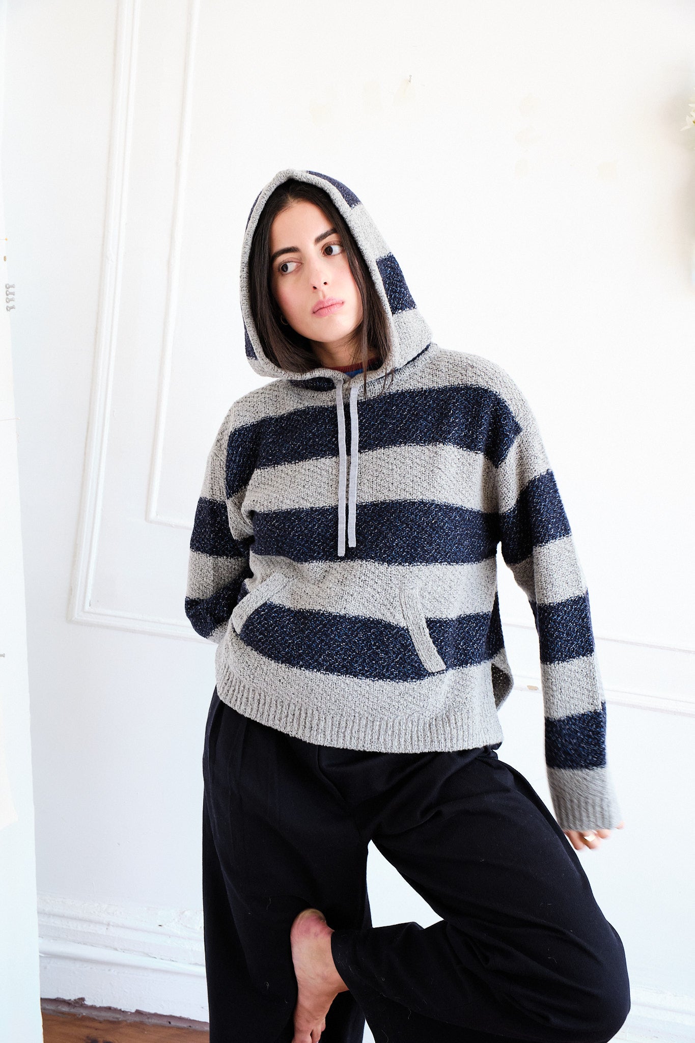 Sal Striped Hoodie Textured Merino - Navy/Dove