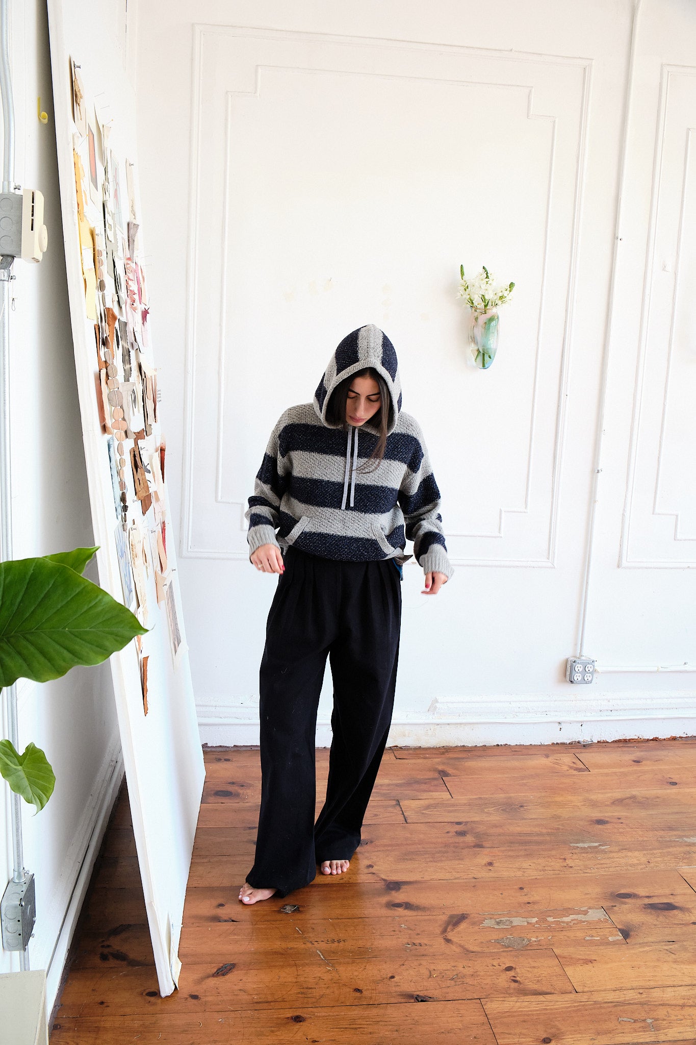 Sal Striped Hoodie Textured Merino - Navy/Dove